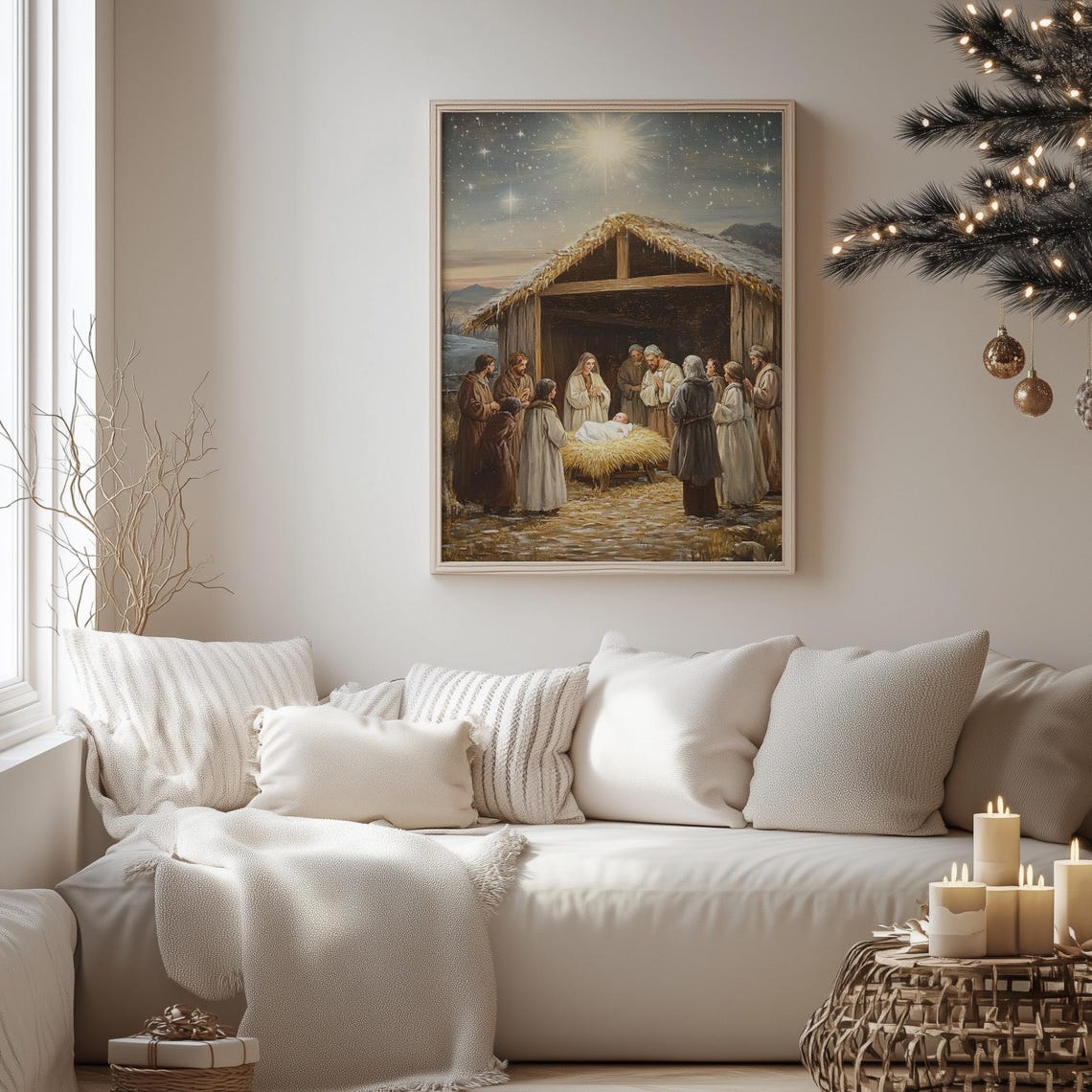 Nativity Scene Birth Of Baby Jesus Painting Vintage Christmas Wall Art Christian Wall Art Holy Family Print Starry Night 782 - Image 4