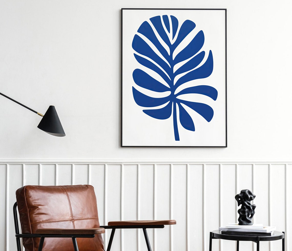 Bold Blue Large Botanical Leaf Matisse Style Abstract Art Poster - Image 2
