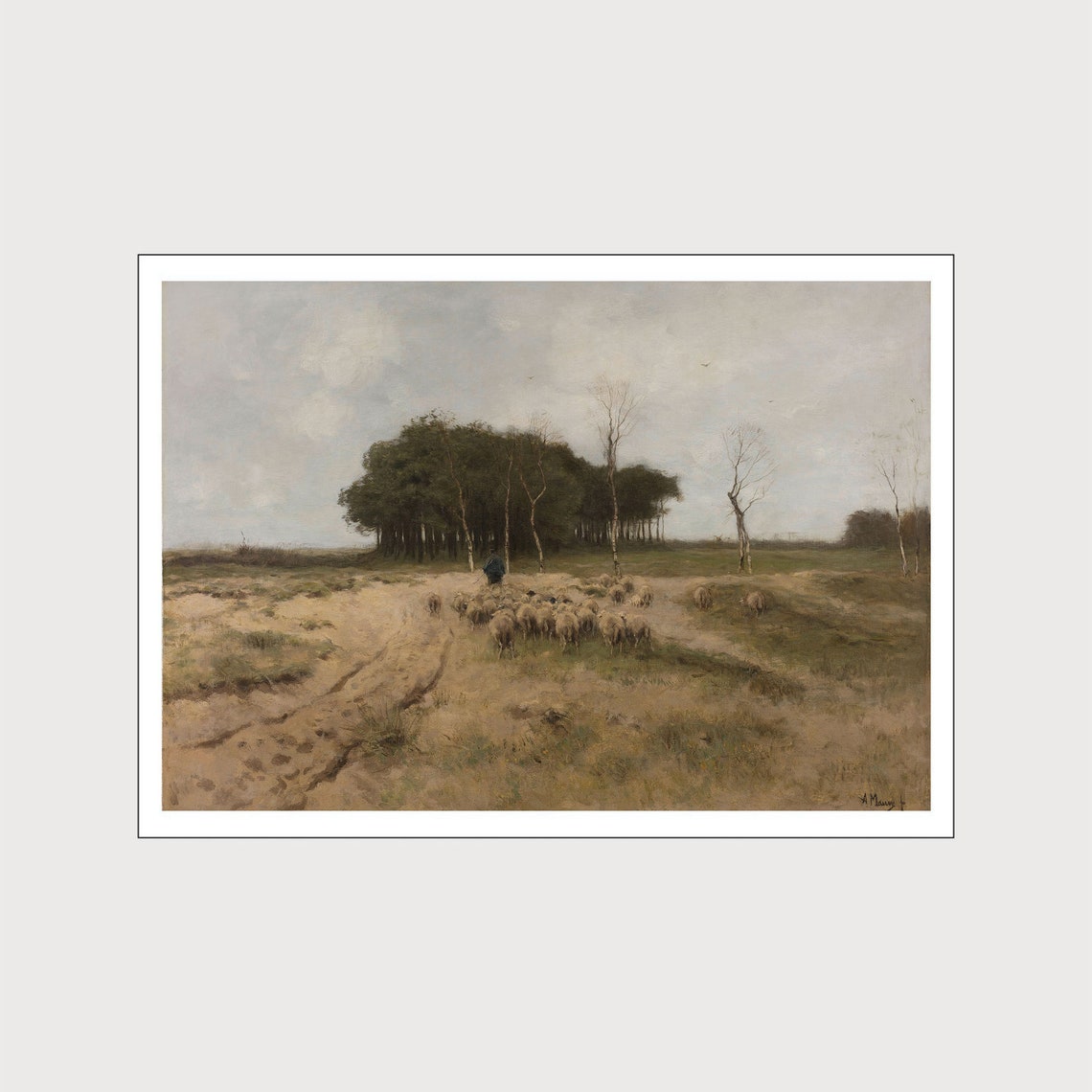 Shepherd Guiding Sheep Flock Across Moor Vintage Pastoral Poster - Image 2