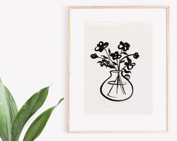 Minimalist Flower Print, Black and White Boho Art Print