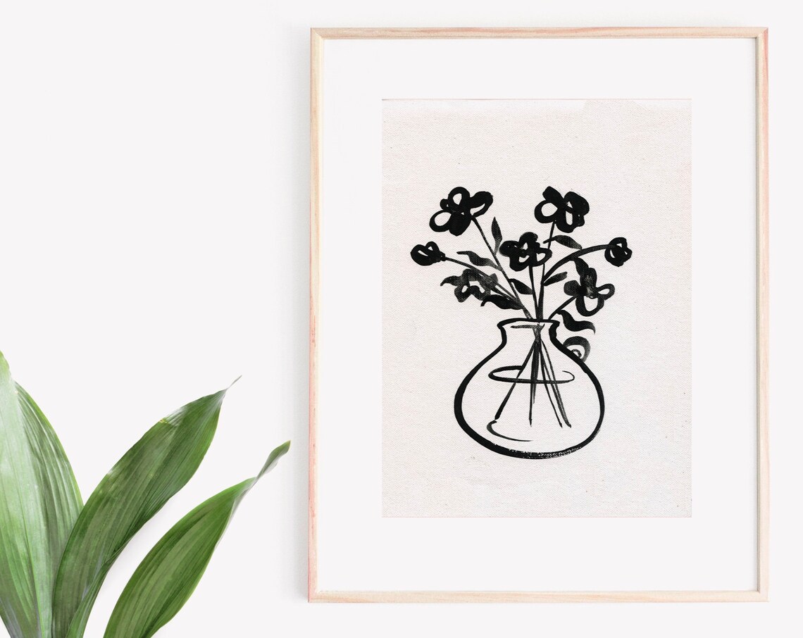 Minimalist Flower Print, Black and White Boho Art Print