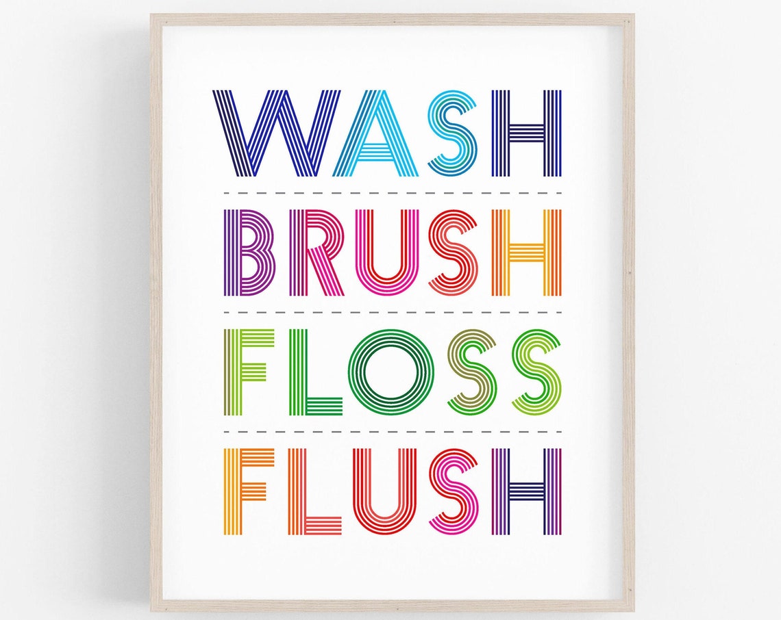 Wash Brush Floss Flush Rainbow Colorful Kids Bathroom Sign Poster