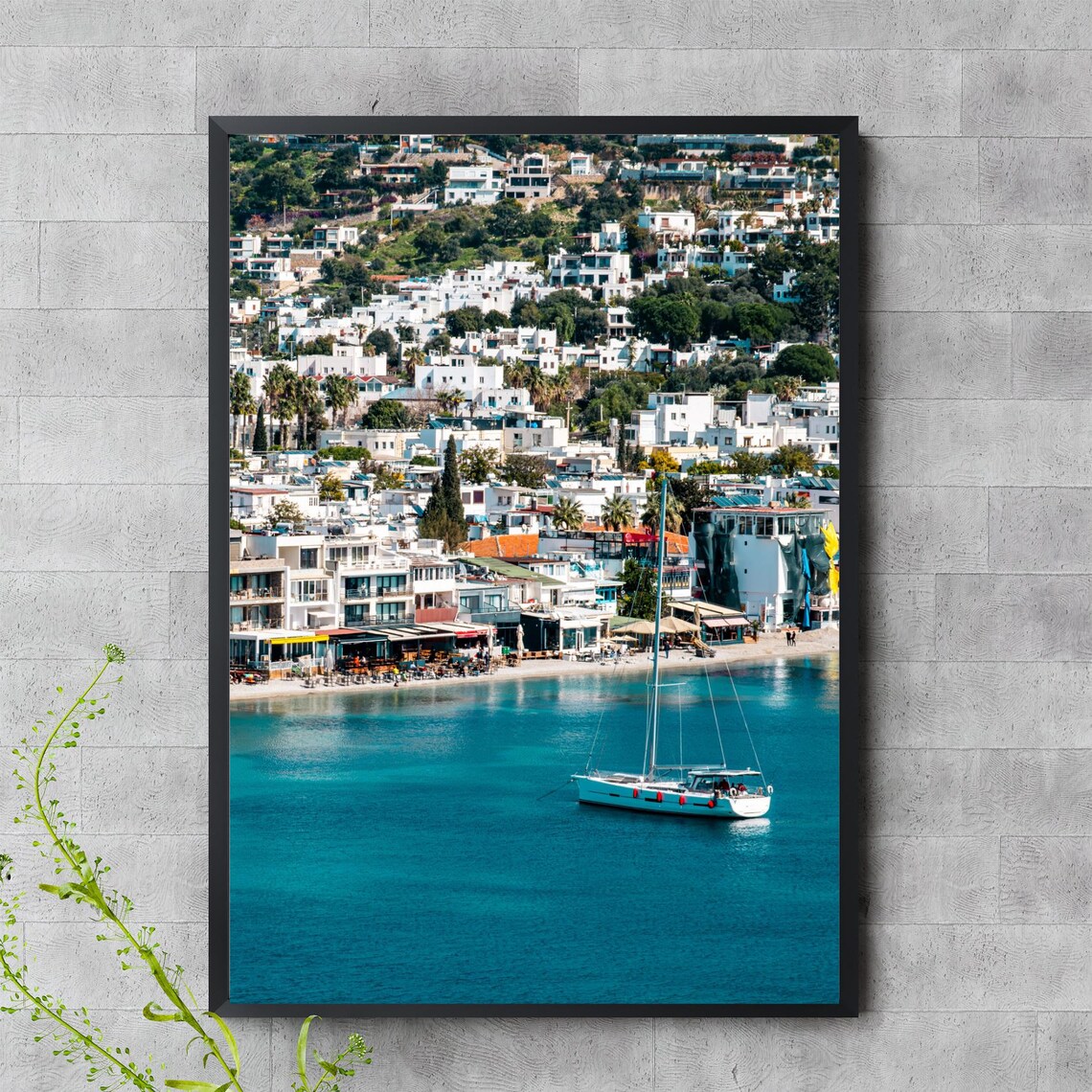 Aegean Coast White Hillside Town Sailboat Turquoise Sea Photography Print