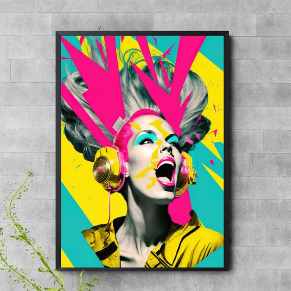 Bold Pop Art Girl With Headphones Neon Explosion Wall Print Jpeg
