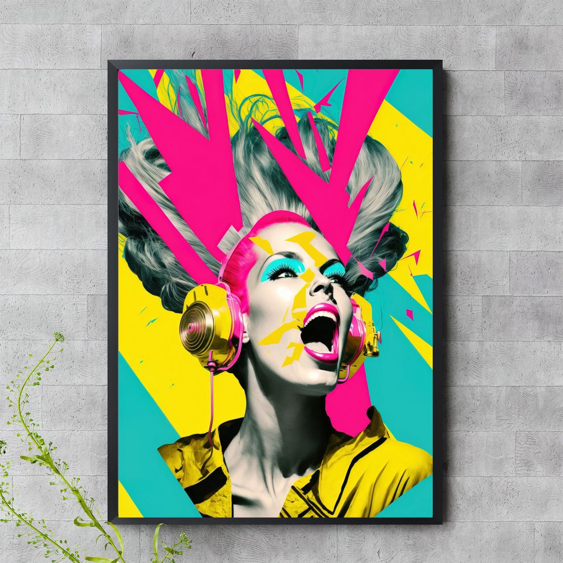 Pop Art Girl Headphones Neon Explosion Colorful Music Poster