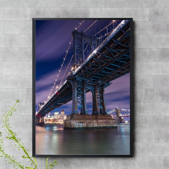 Manhattan Bridge Wall Art New York City Skyline Night View Print Brooklyn In Background