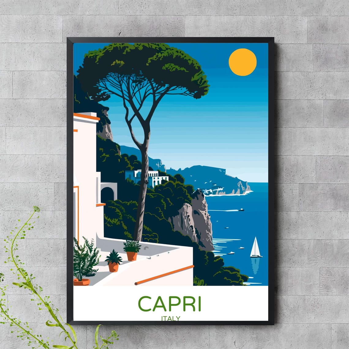 Capri Italy Mediterranean Cliffside Terrace Stone Pine Travel Poster
