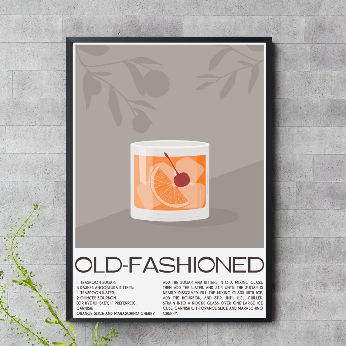 Old Fashioned Cocktail Recipe Poster Whiskey Cherry Orange Garnish