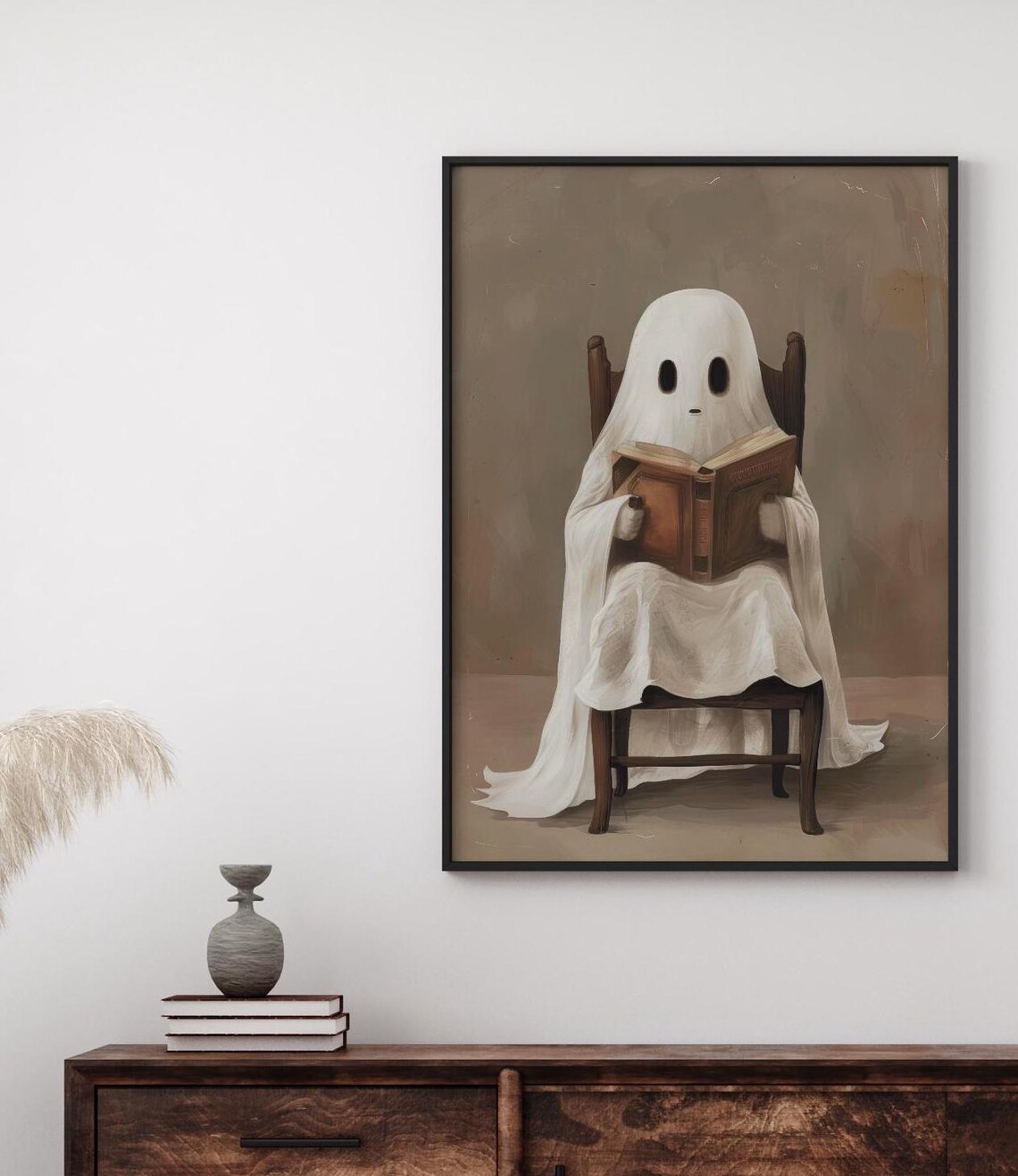 Ghost Reading a Book Neutral Vintage Painting Art Wall Poster - Image 2