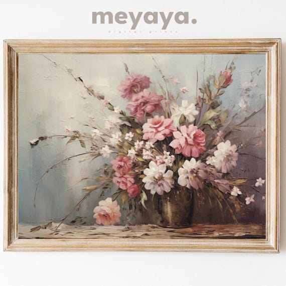 Vintage Flowers Painting Muted Still Life Painting Pink White Flowers Print Valentines Wall Art Moody Botanical Decor Farmhouse Print