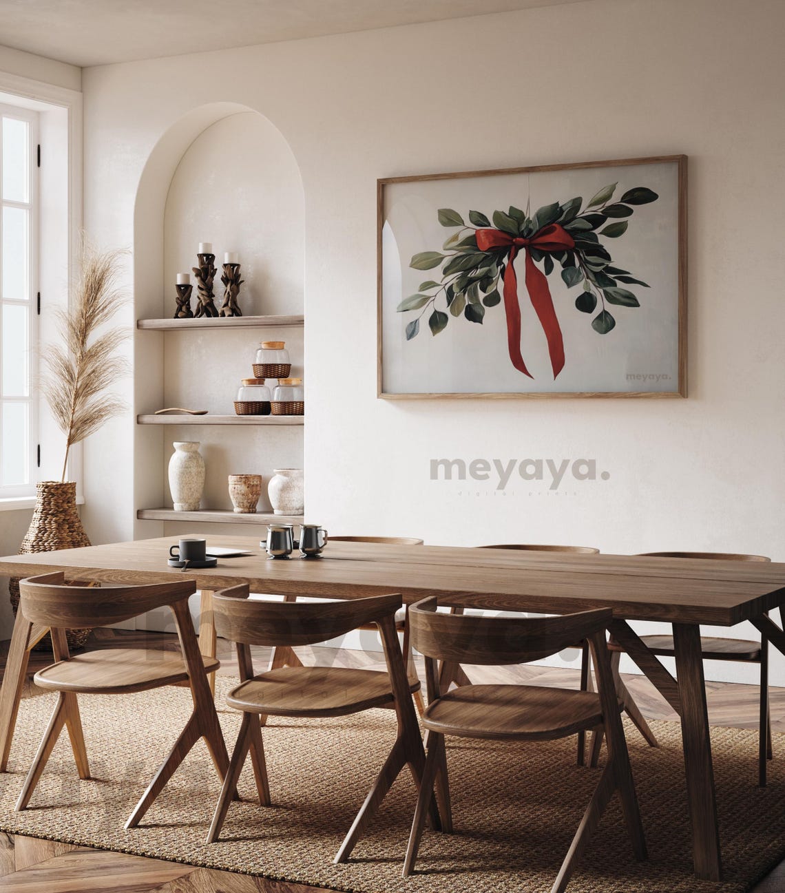 Mistletoe Swag Red Velvet Bow Eucalyptus Minimalist Christmas Poster - Image 2
