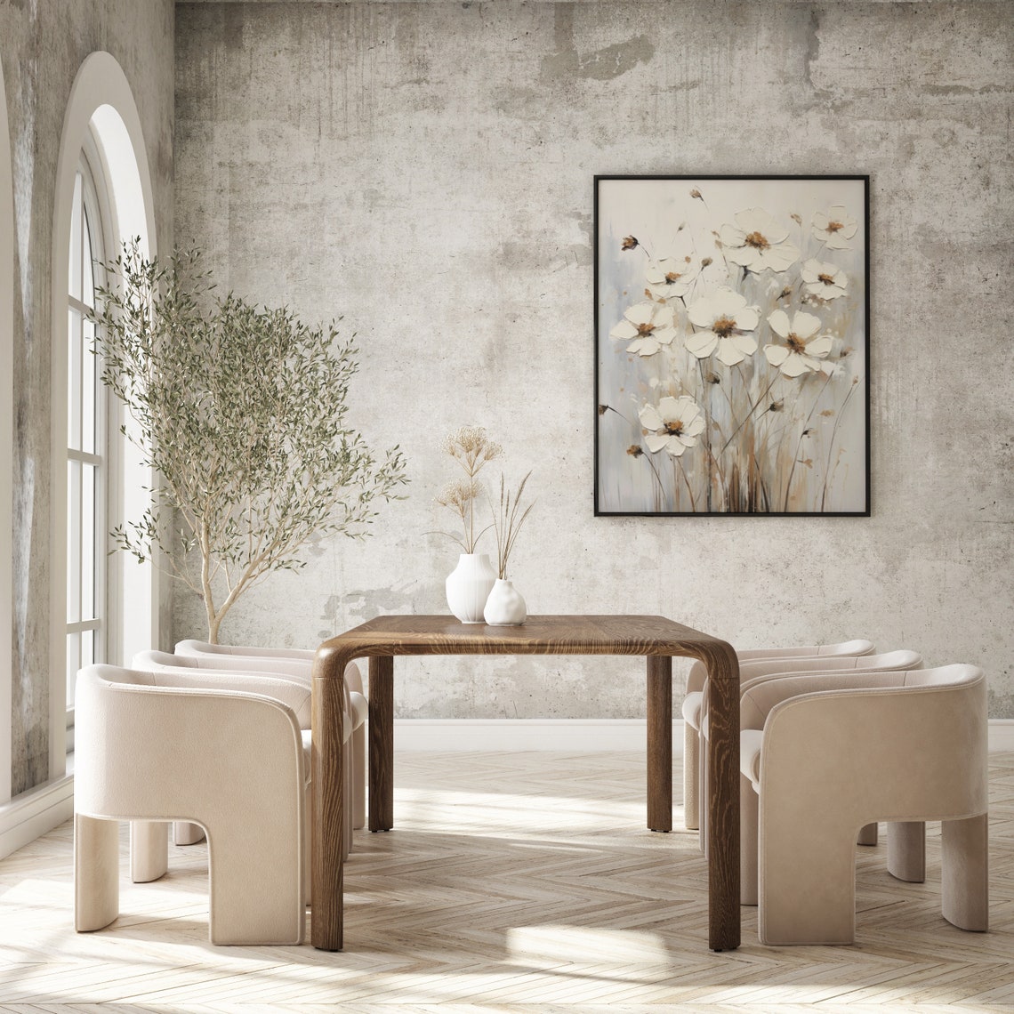 White Cosmos Flowers With Brown Centers On Beige Painting Poster - Image 3