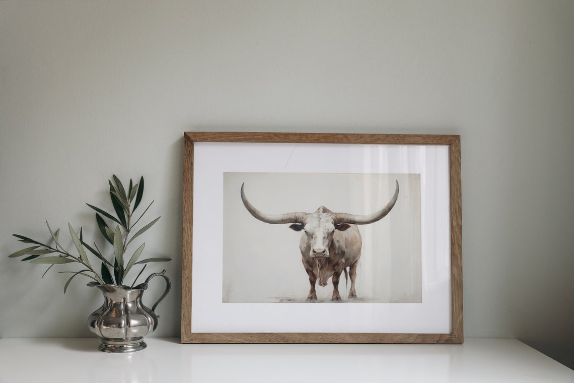 Texas Longhorn Steer Front View On White Watercolor Art Poster - Image 2