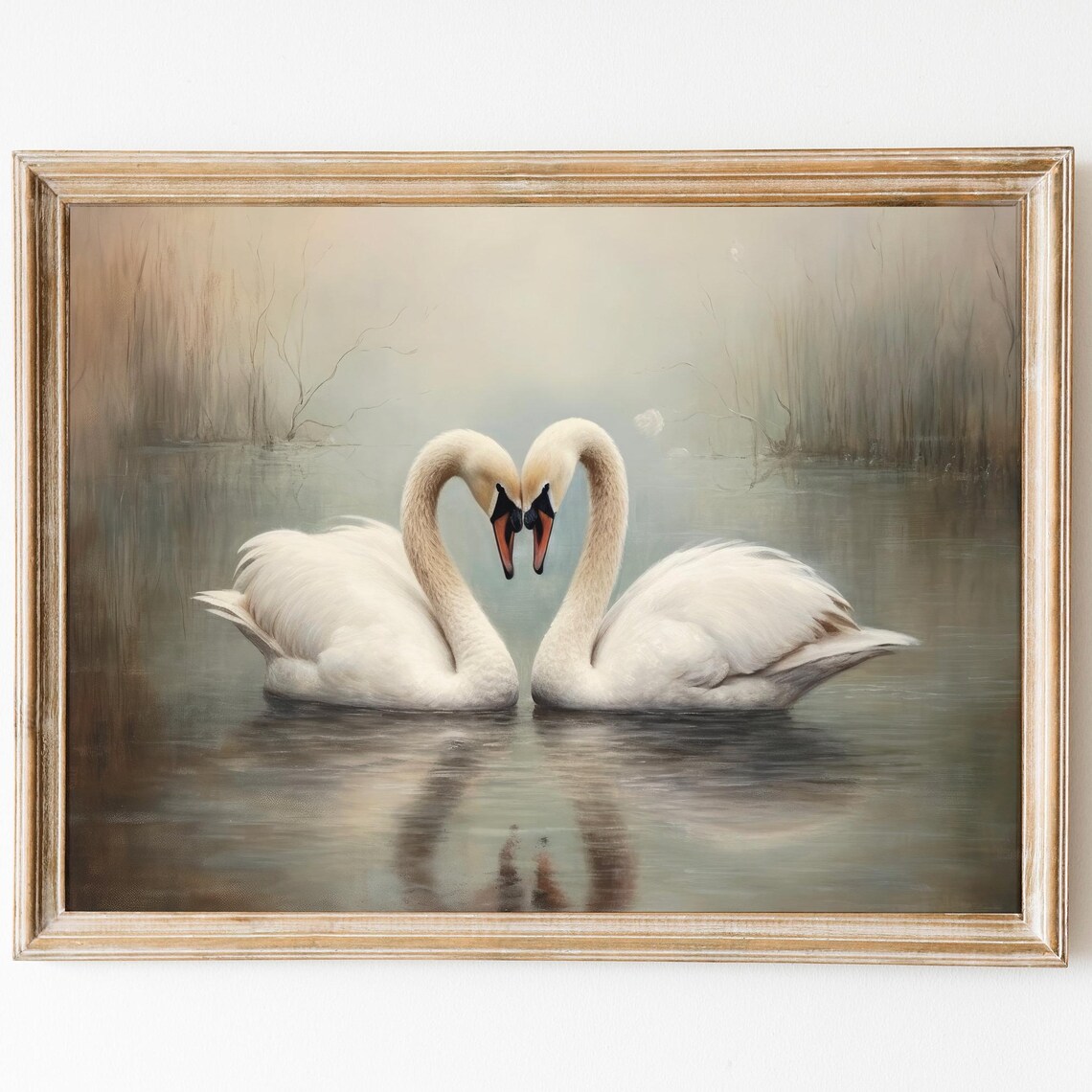 Vintage White Swans Art Print, Romantic Farmhouse Decor