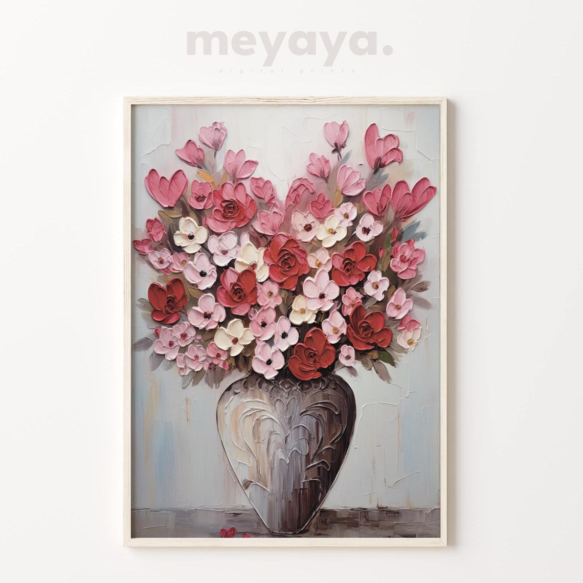 Pink Roses Impasto Vase Bouquet Textured Romantic Floral Wall Print - Image 4