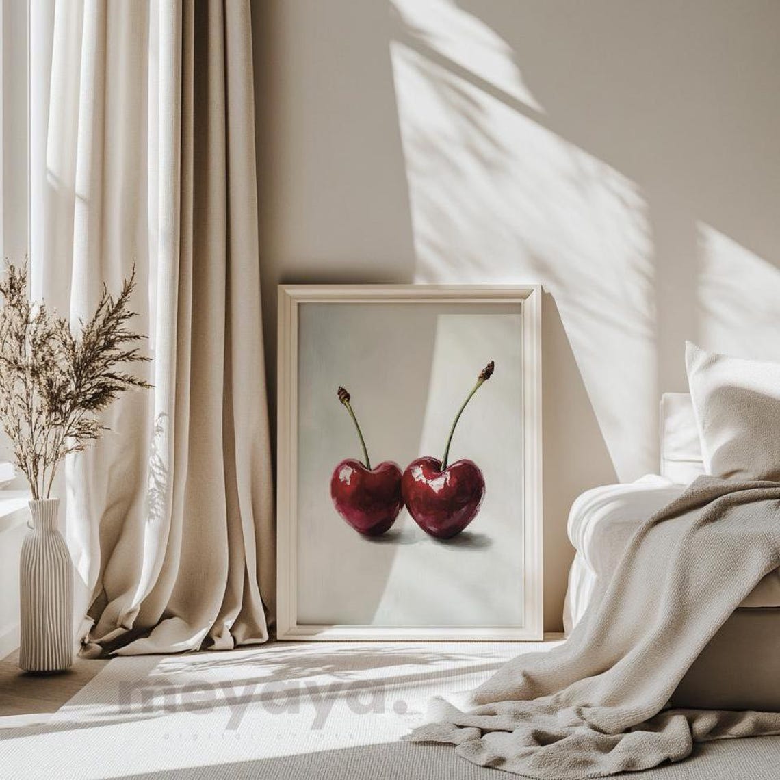 Red Heart Shaped Cherries Pair Romantic Fruit Painting Wall Print - Image 3