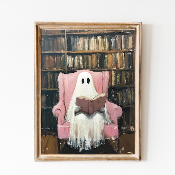 Ghost Reading in Pink Chair Library Halloween Art Wall Poster
