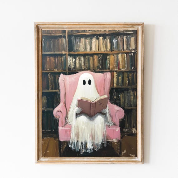 Halloween Cute Ghost Reading Spooky Ghost Print Halloween Decor Books Lovers Ghost Poster Vintage Painting Pink Halloween