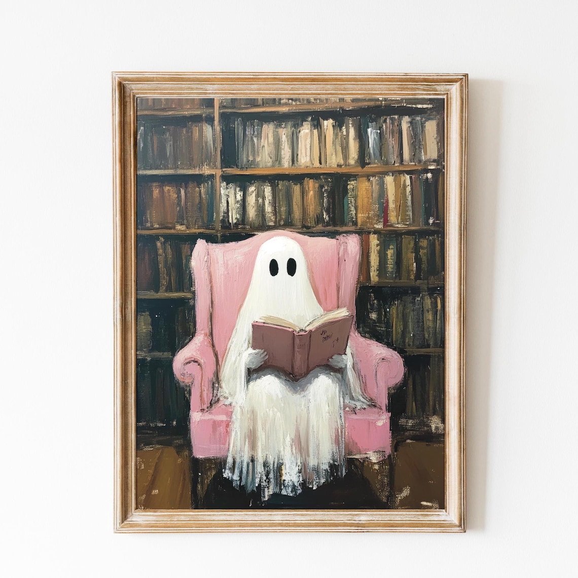 Ghost Reading in Pink Chair Library Halloween Art Wall Poster