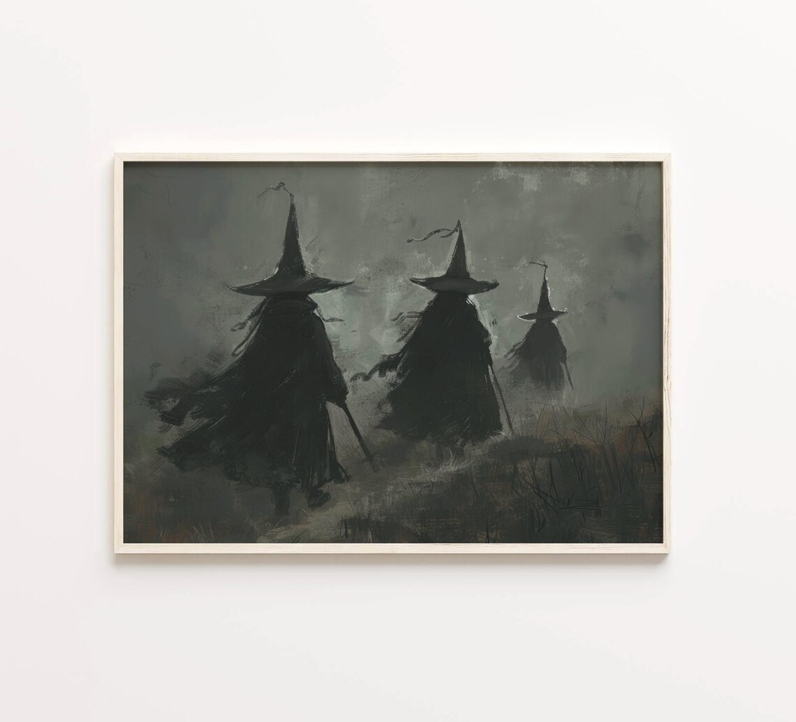 Three Witches Walking Through Foggy Moor Moody Dark Academia Poster - Image 6