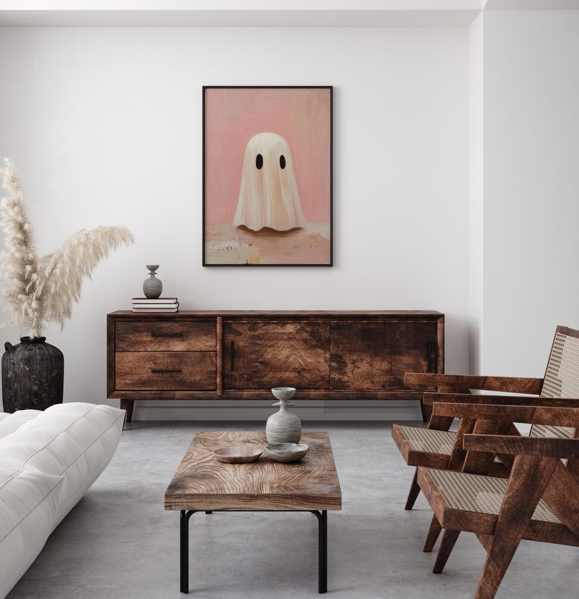 Cute Ghost On A Pink Background Impasto Oil Painting Spooky Poster - Image 2