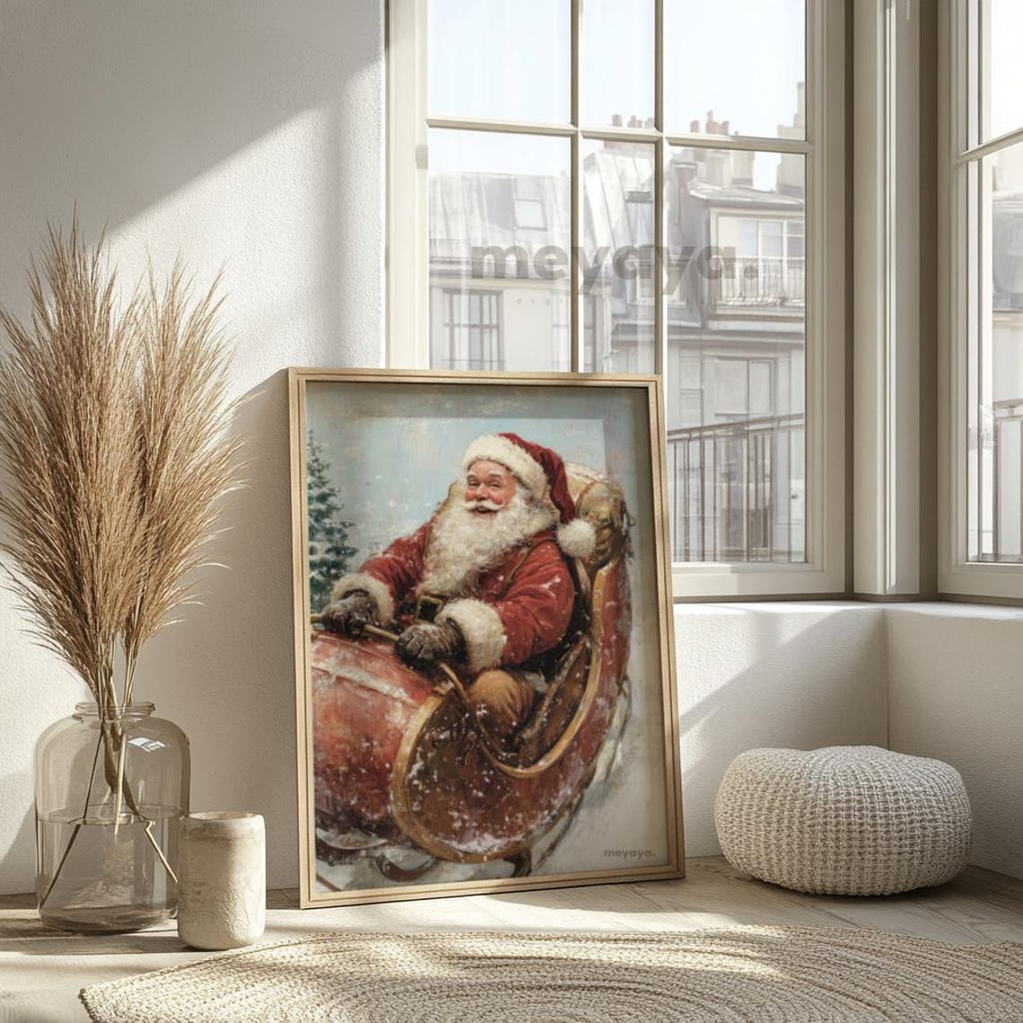 Santa Claus Sleigh Ride Snowy Winter Vintage Christmas Poster - Image 2
