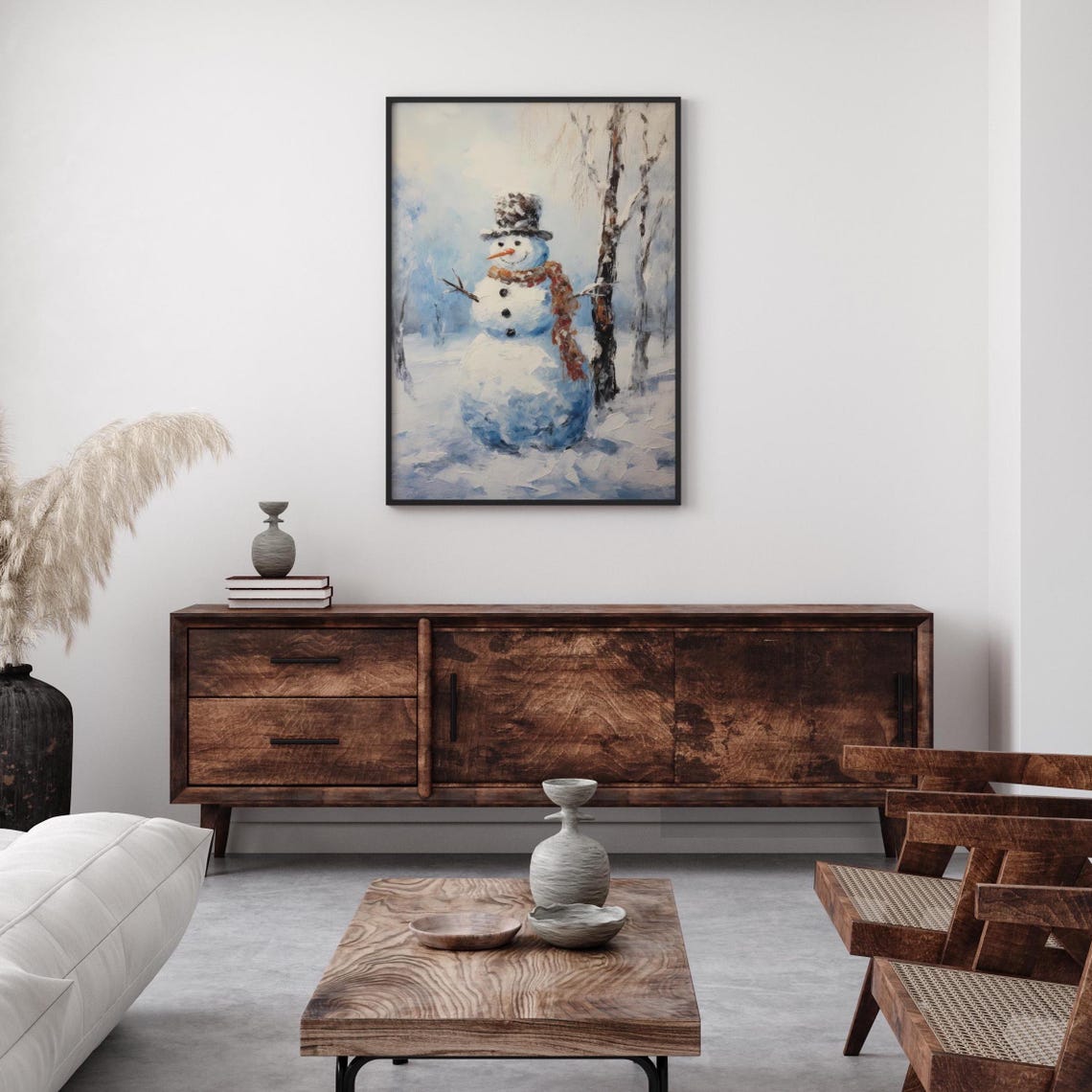 Vintage Snowman in Winter Woods Rustic Snowy Christmas Painting Poster - Image 2