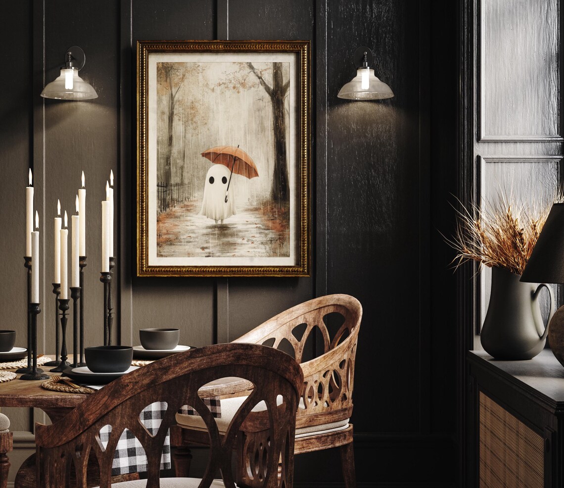 Cute Ghost in the Rain Autumn Cottagecore Art Print - Image 6