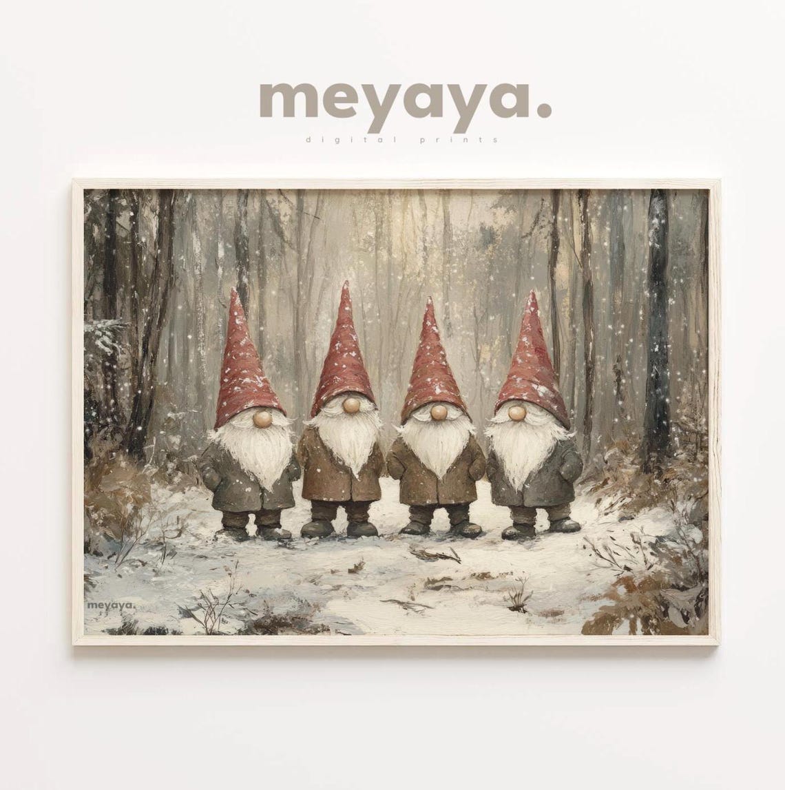Four Christmas Gnomes Red Hats Snowy Forest Winter Art Poster - Image 4