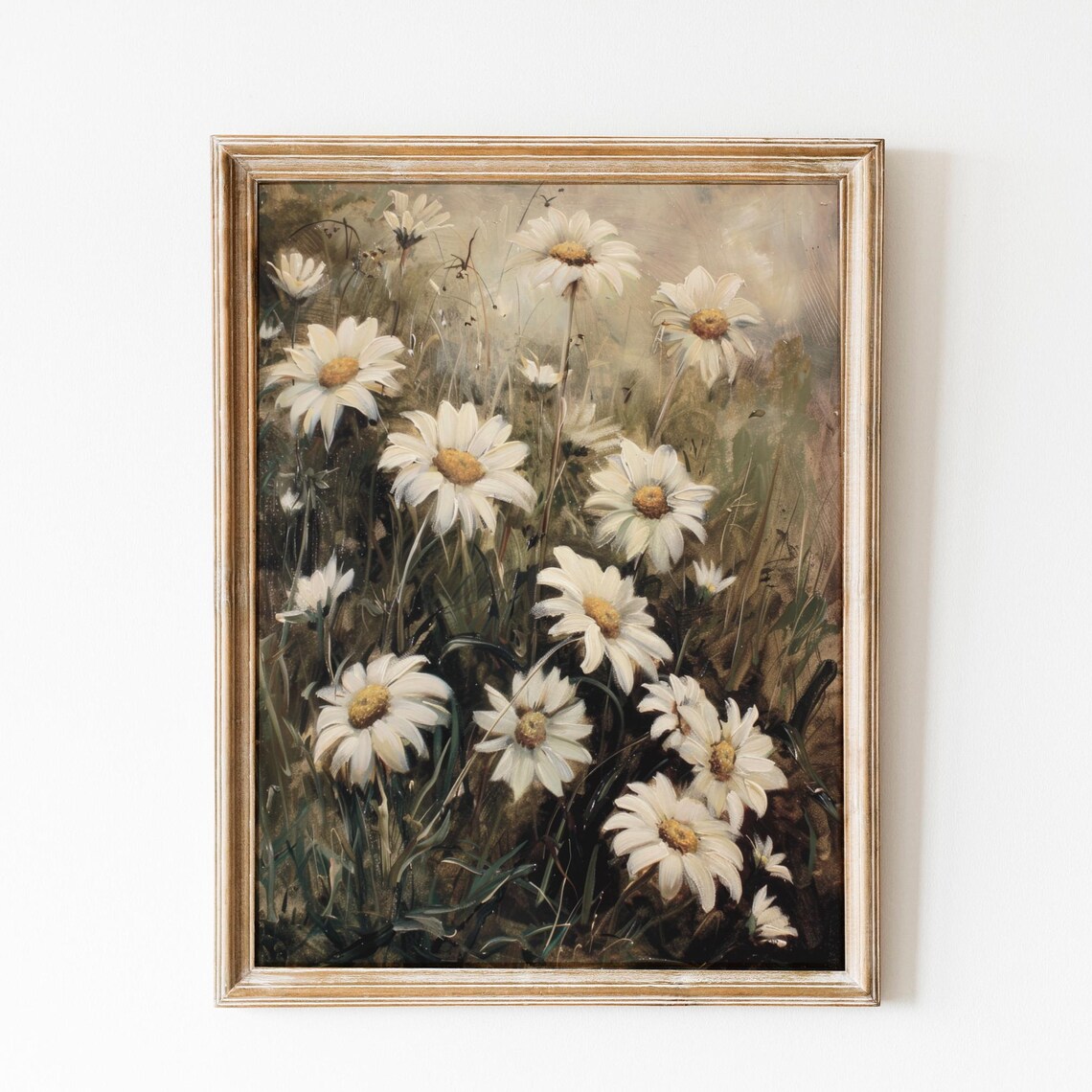 White Daisy Meadow Oil Painting Vintage Farmhouse Flower Poster