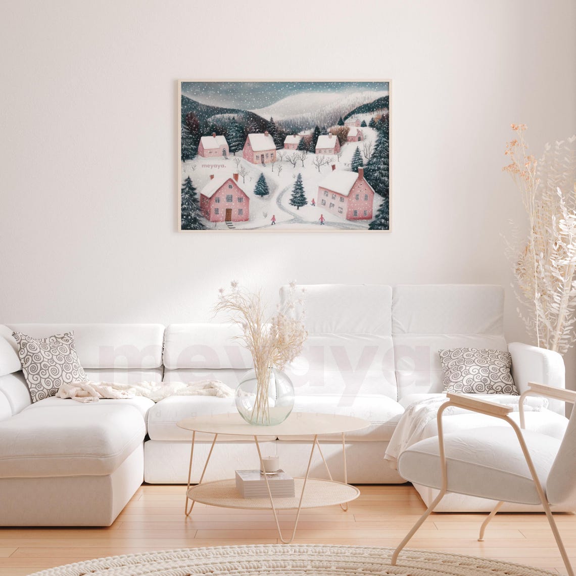Pink Christmas Village Painting Pastel Village Print Vintage Christmas Town Pink Winter Wall Art Holiday Poster Trendy Christmas Decor - Image 5