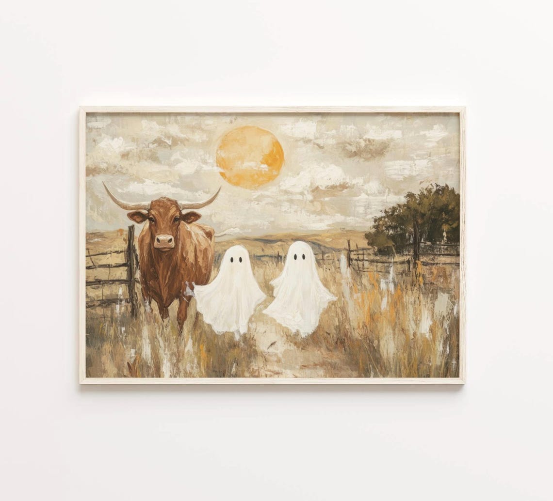 Longhorn Cow Ghosts Sunset Field Rustic Painting Art Wall Poster - Image 4