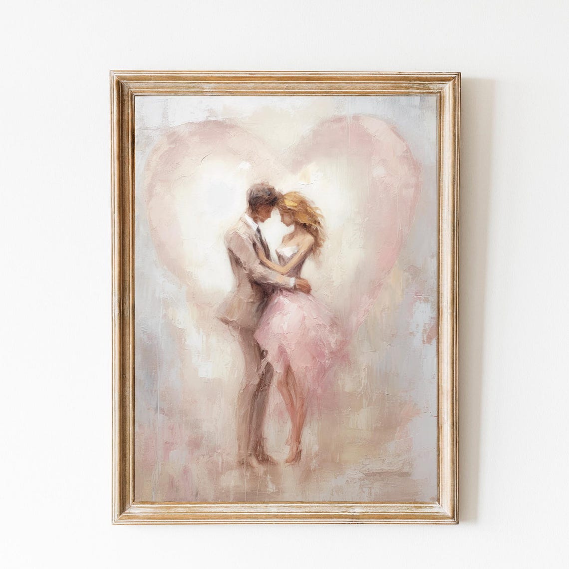 Romantic Couple Embracing In Front Of A Soft Pink Heart Poster