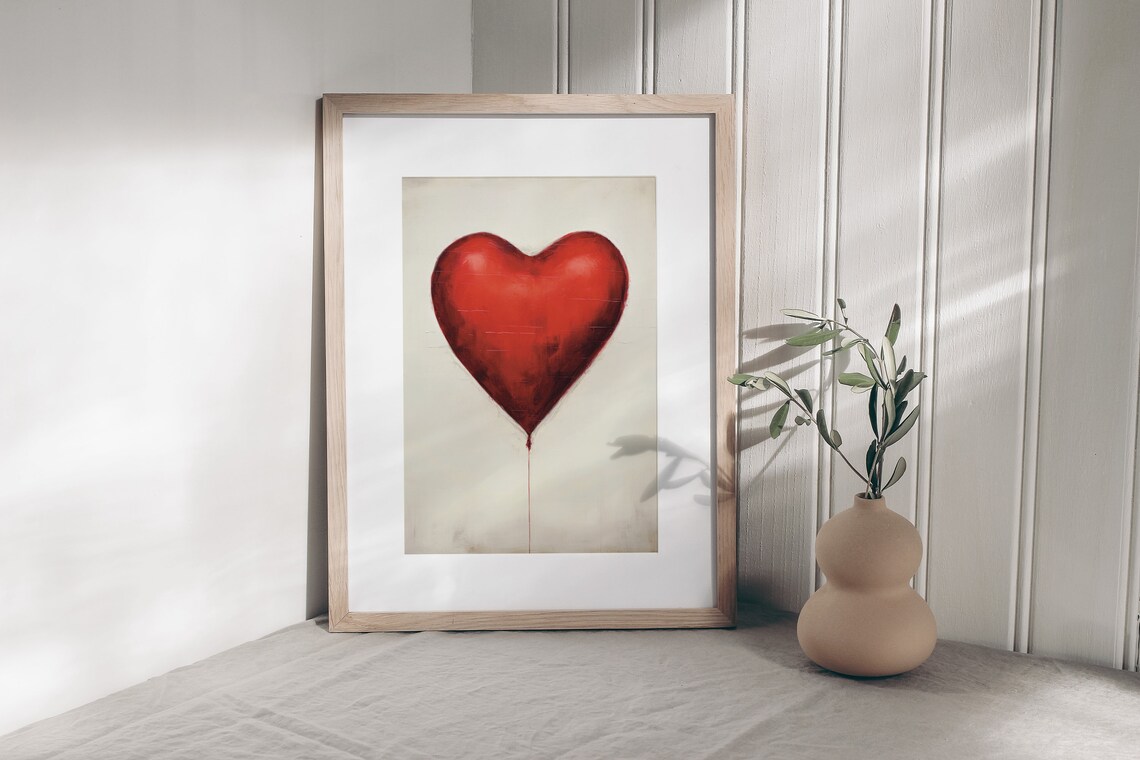 Red Heart Shaped Balloon Painting On Cream Background Love Poster - Image 2