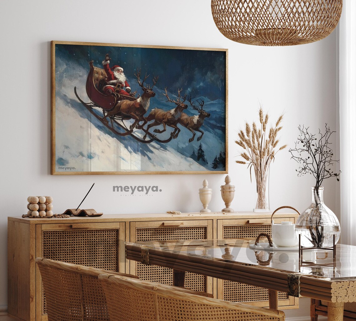 Santa Claus Painting Christmas Vintage Sleigh With Reindeer Print Christmas Wall Art Holiday Winter Scene Santa Sleigh Print - Image 5