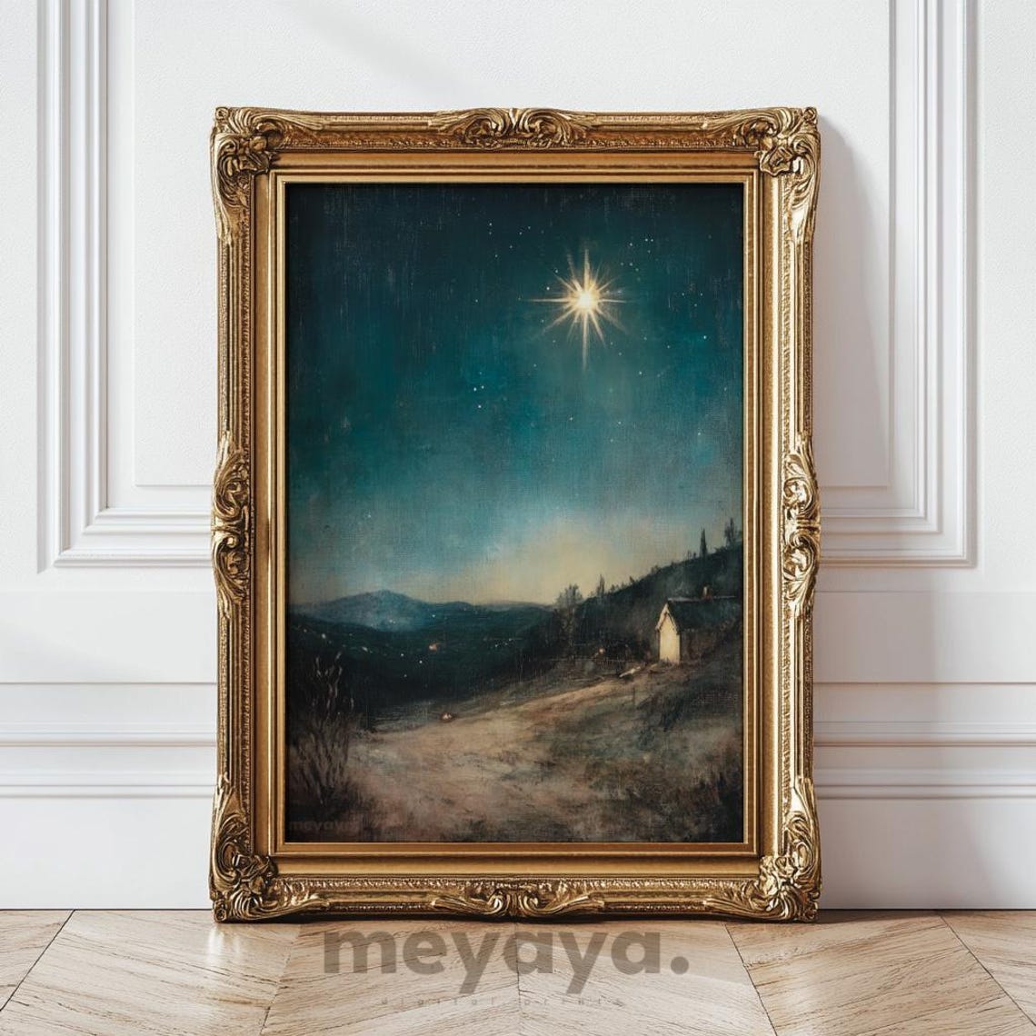 Star of Bethlehem Night Hills Cottage Deep Teal Christmas Poster - Image 5