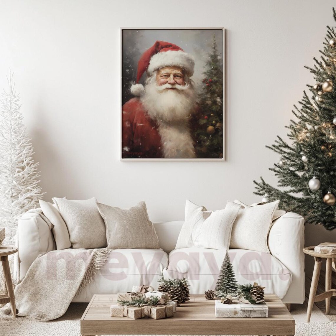 Vintage Santa Claus Print Rustic Classic Santa Portrait Holiday Painting Winter Christmas Seasonal Wall Art Neutral Christmas Print - Image 3