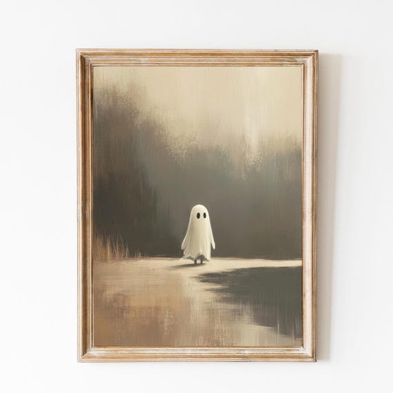 Minimalist Halloween Cute Ghost Print Ghost In A Lake Neutral Boho Halloween Print Ghouls Vintage Poster Moody Halloween Decor
