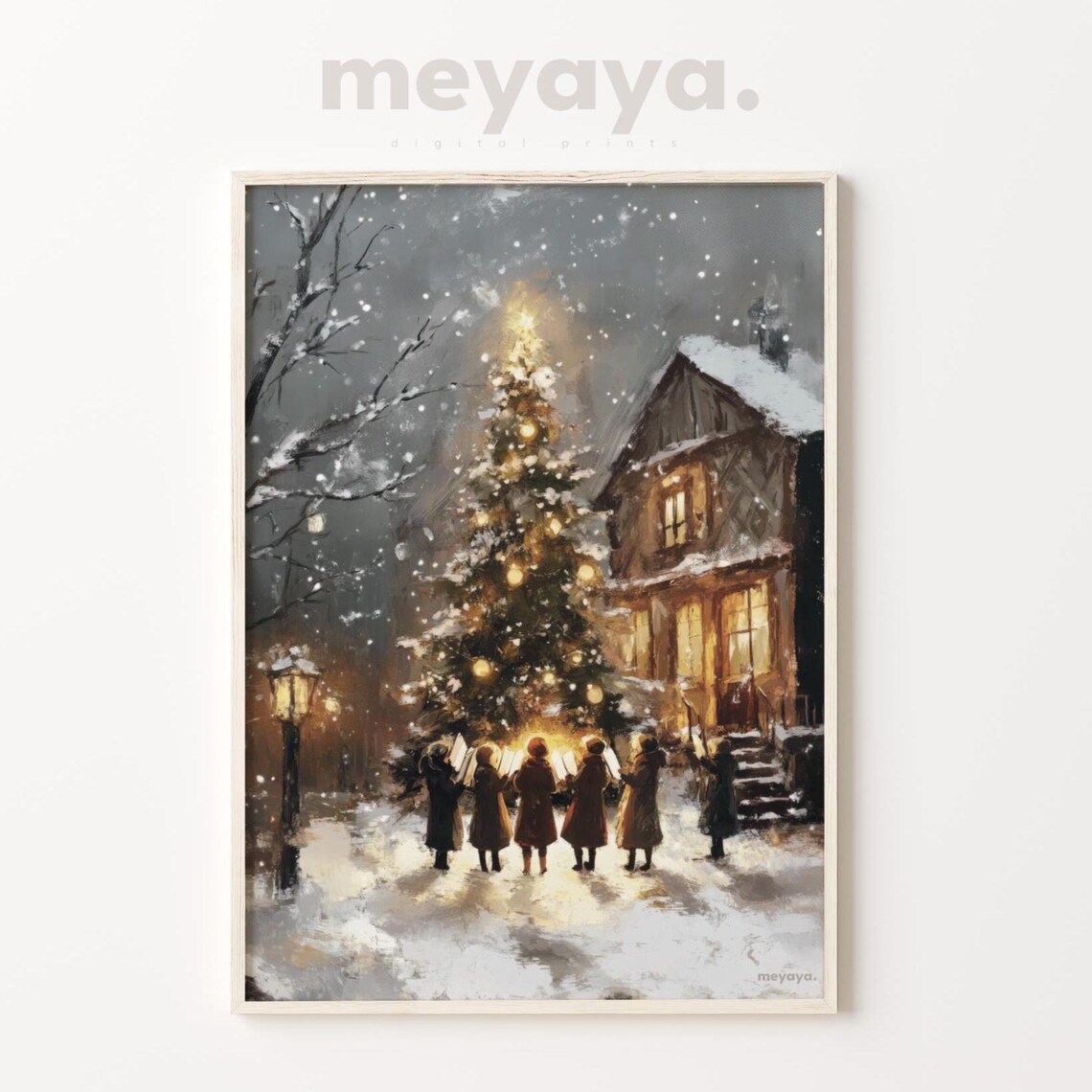 Christmas Carolers Candlelit Tree Snowy Night Vintage Poster - Image 3