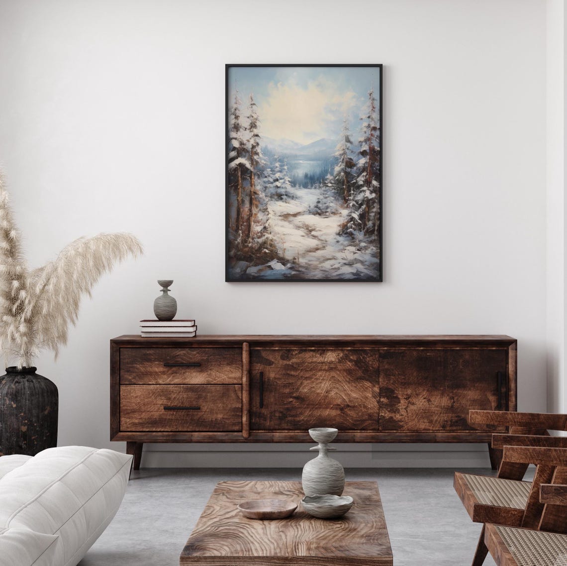 Snowy Pine Forest Winter Mountain Lake Vintage Landscape Poster - Image 3
