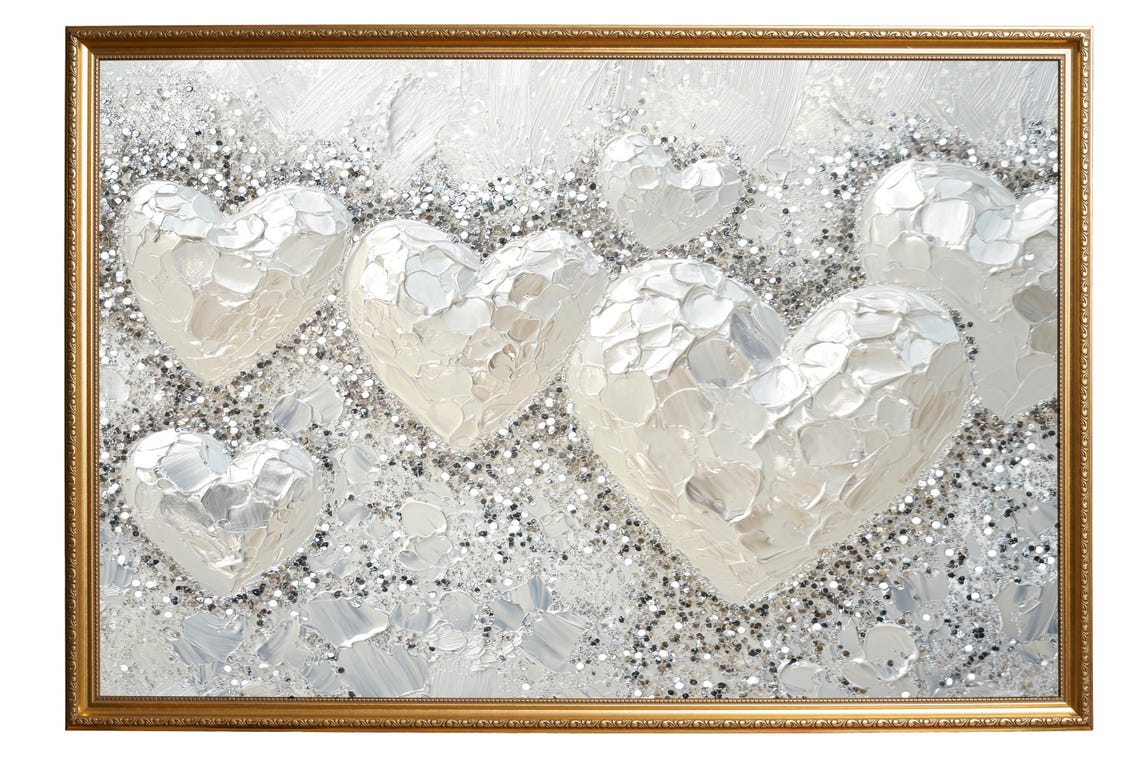 Silver White Hearts Glitter Textured Romantic Valentines Print - Image 5