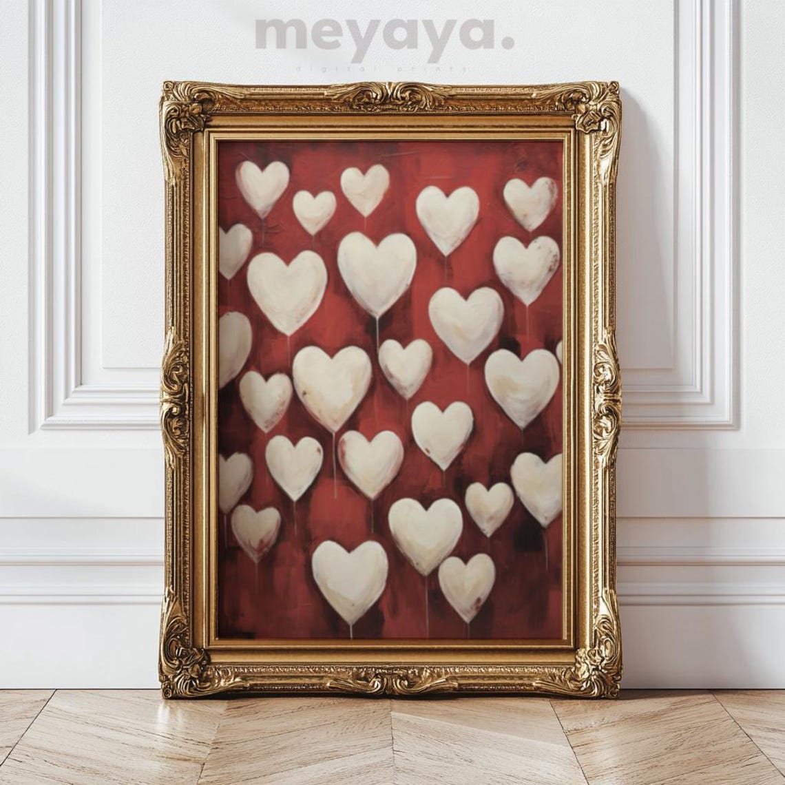White Hearts Red Background Vintage Romantic Love Pattern Wall Print - Image 5
