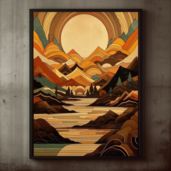Abstract Wood Style Sun Mountain River Landscape Wall Art Nature Print Modern Midcentury Decor Boho