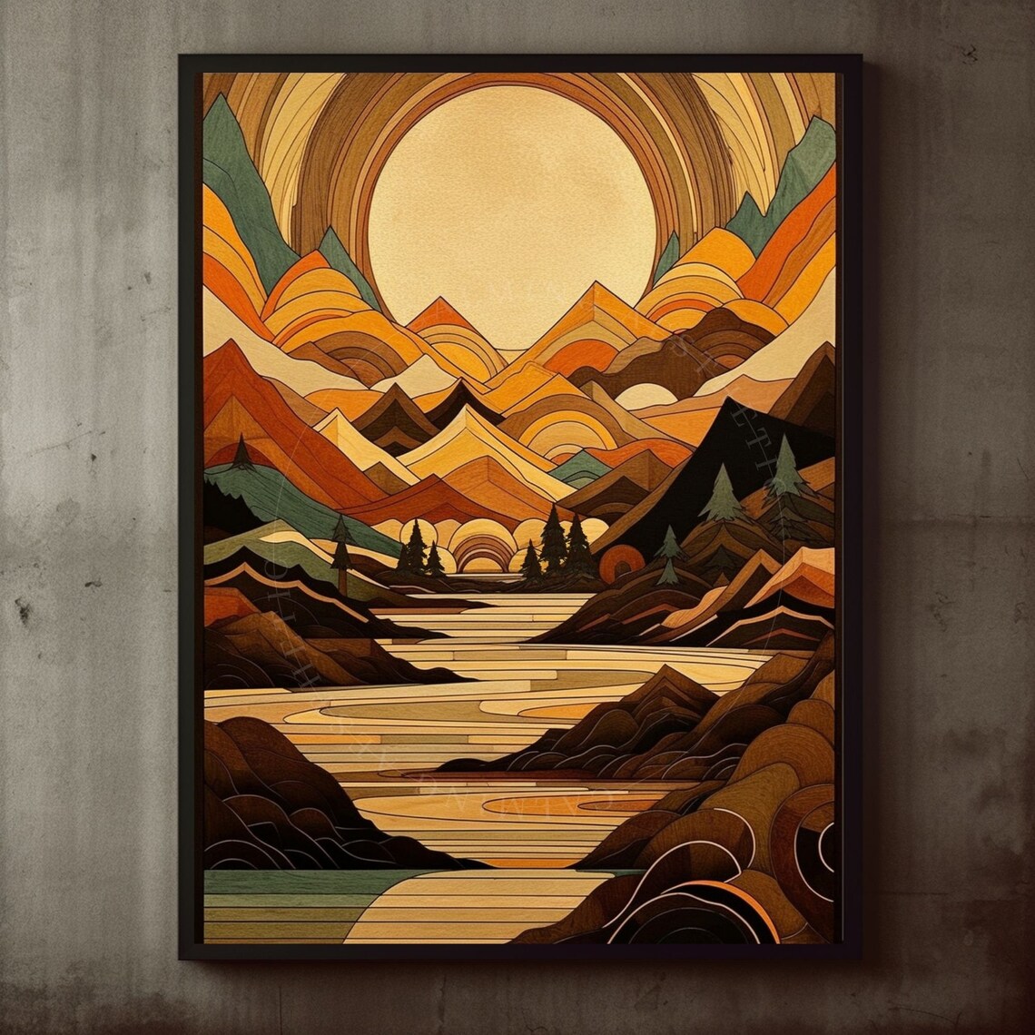 Abstract Wood Style Sun Mountain River Landscape Wall Art Nature Print Modern Midcentury Decor Boho