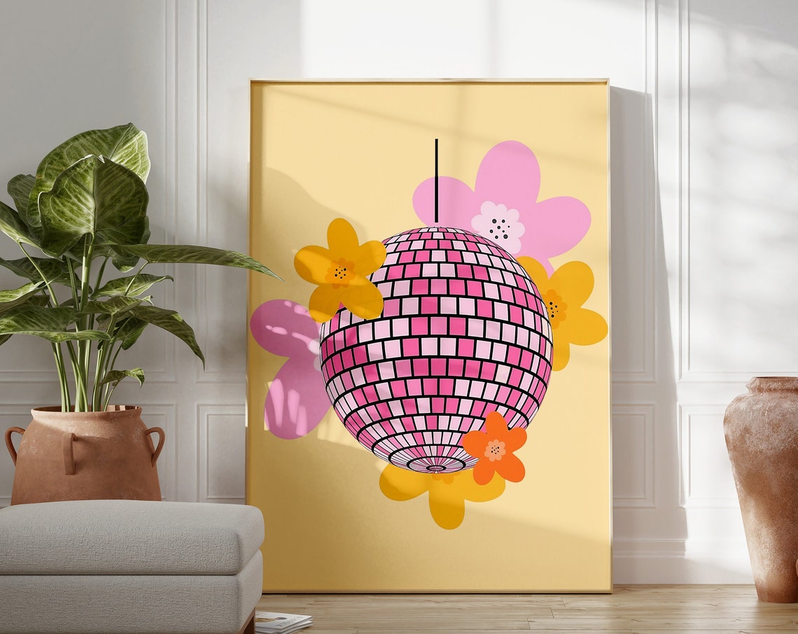 Pink Disco Ball Retro Flowers Trendy Dorm Room Poster Cute Decor - Image 2