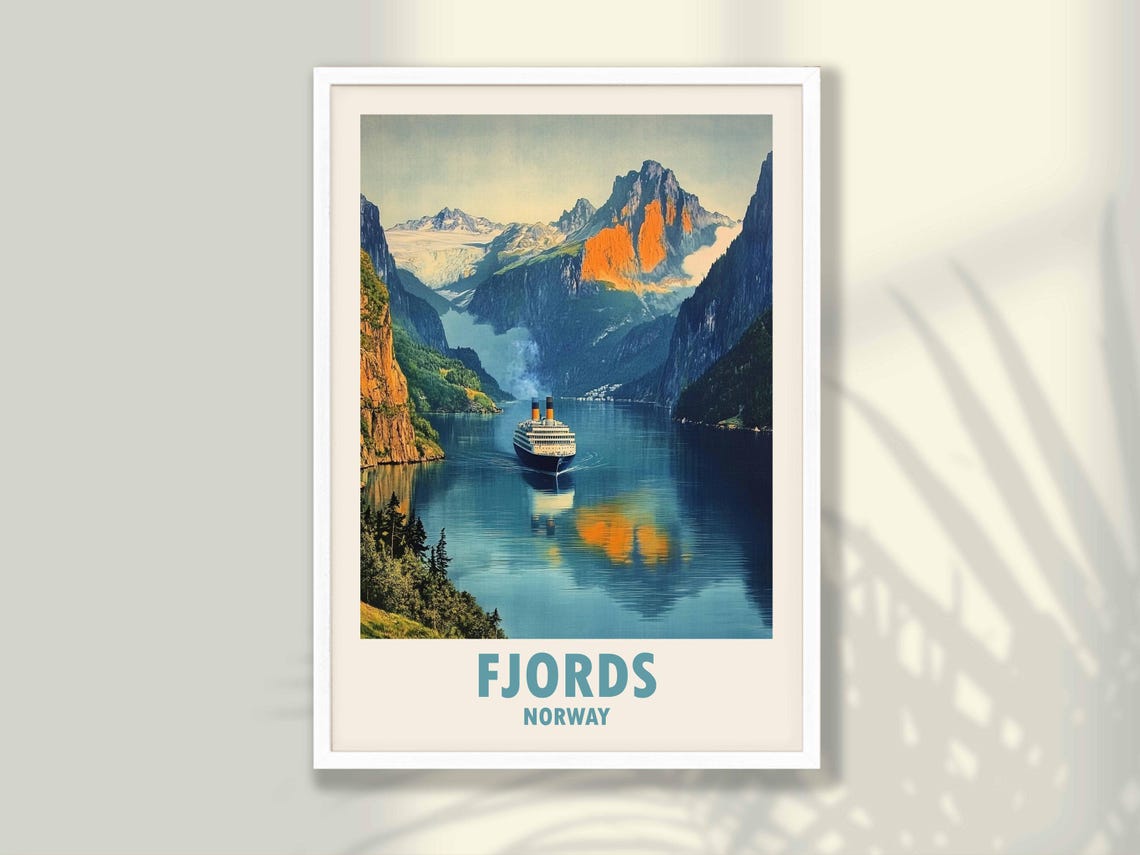 Vintage Norway Fjords Cruise Ship Mountain Waterfall Travel Poster