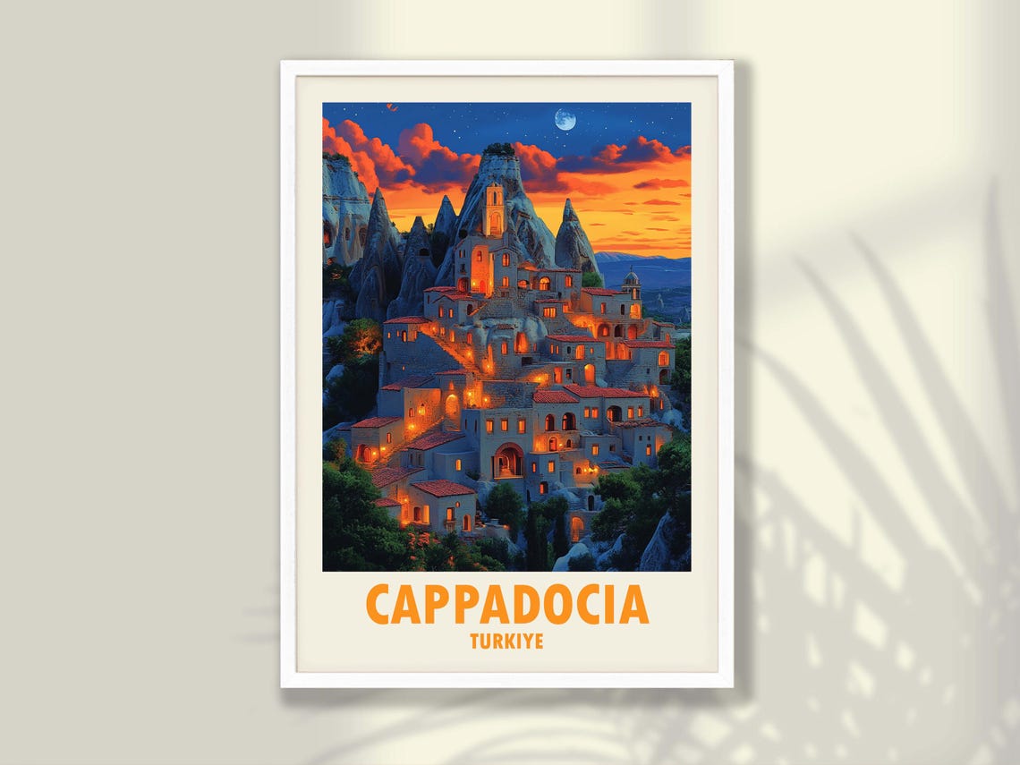 Cappadocia Turkiye Twilight Cave Dwellings Glowing Windows Poster