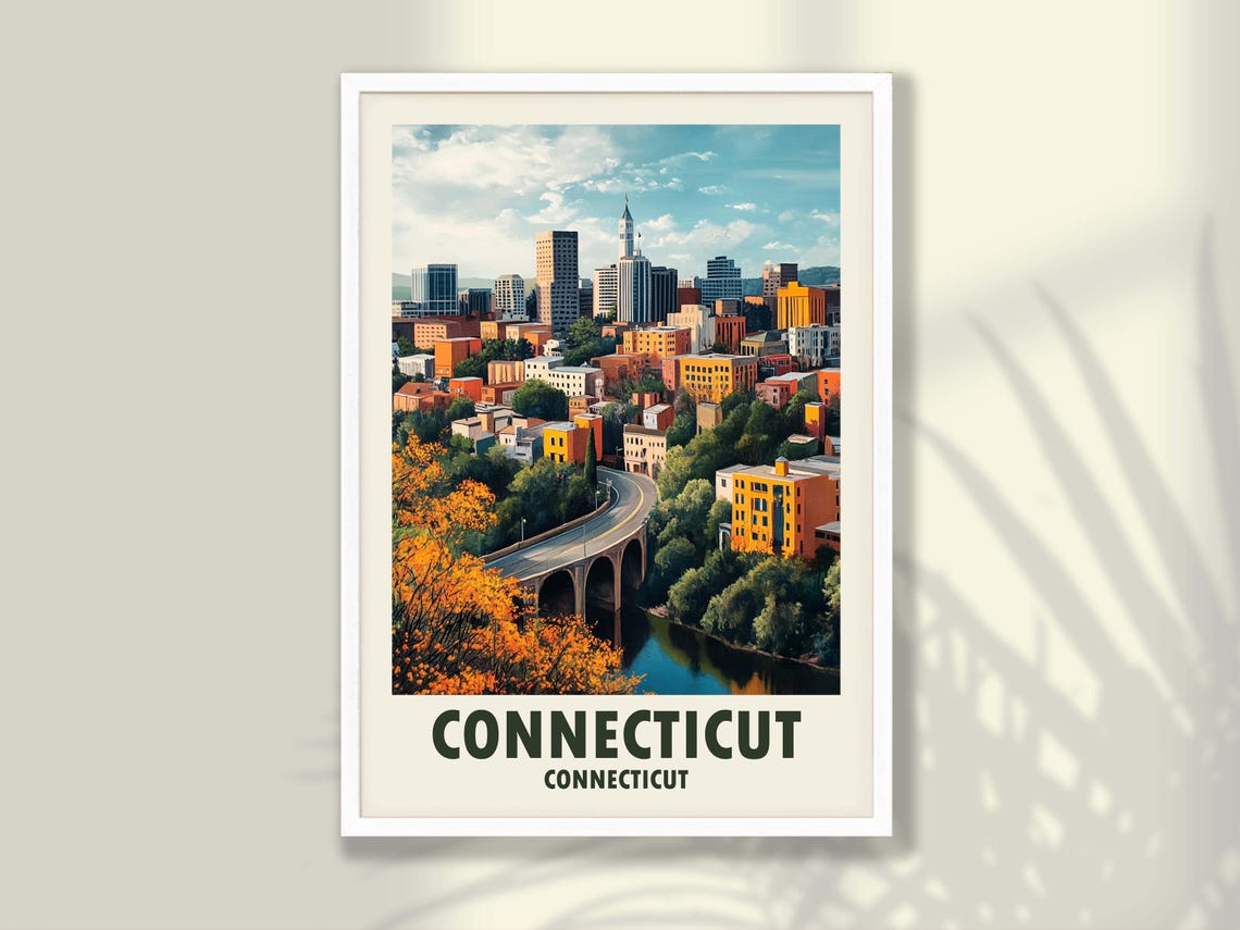 Connecticut Riverfront City Skyline Viaduct Fall Colors Travel Poster
