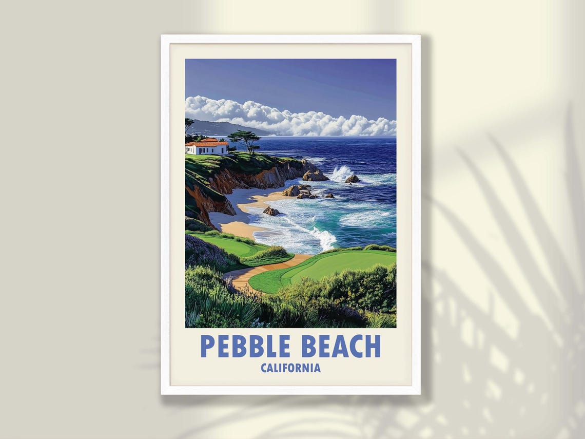 Pebble Beach California Ocean Cliffs Golf Course Waves Travel Poster