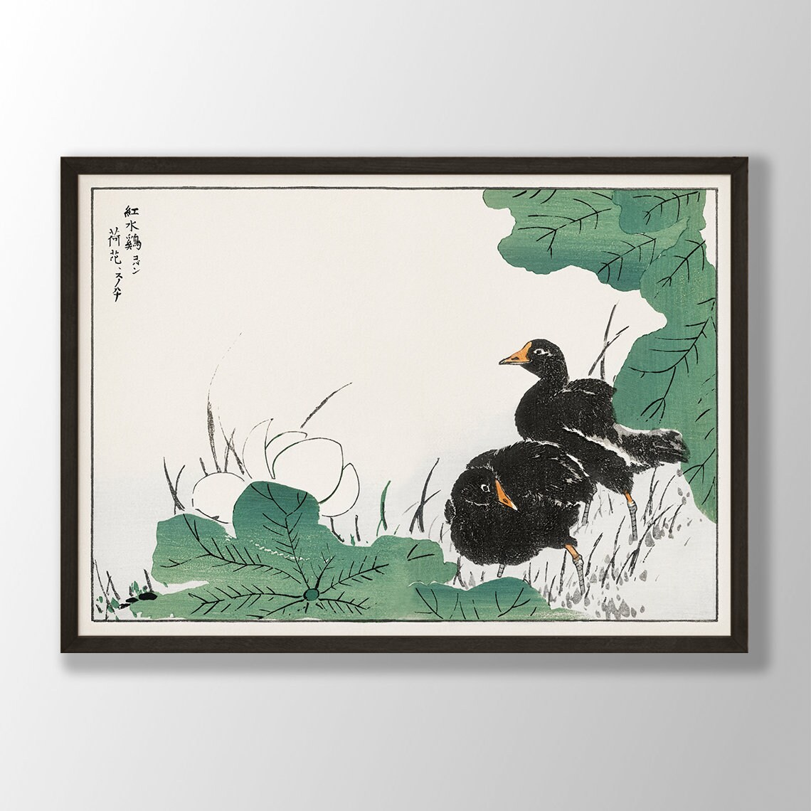 Black Waterfowl with Lotus Flowers Vintage Japanese Bird Poster